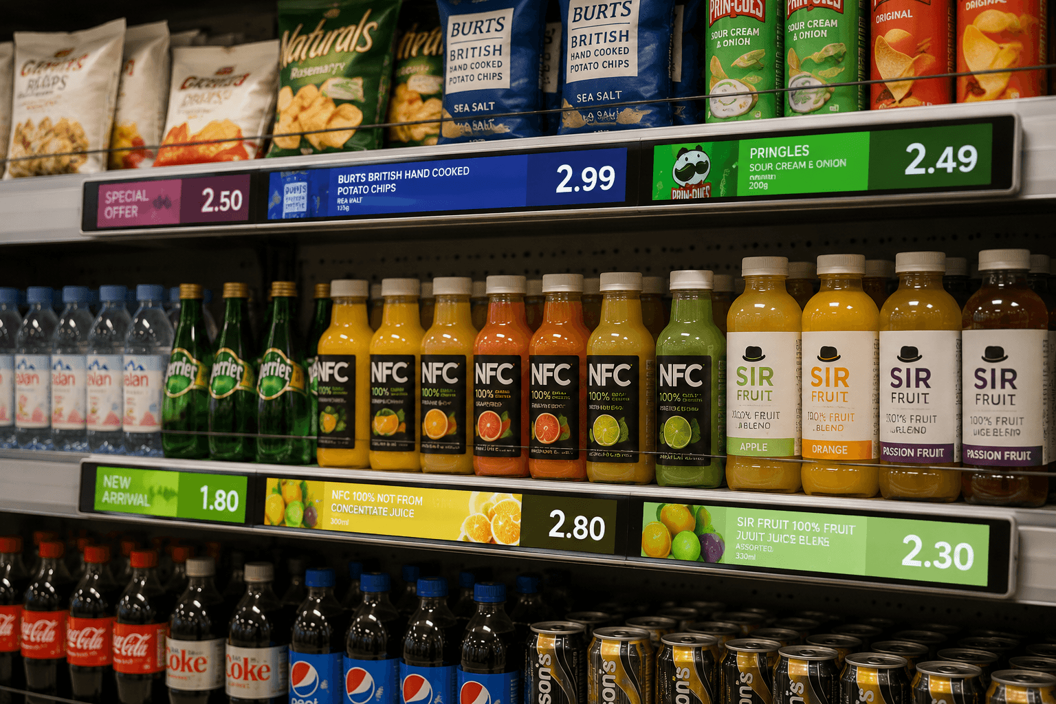 Stretched bar LCD displays integrated into retail shelves