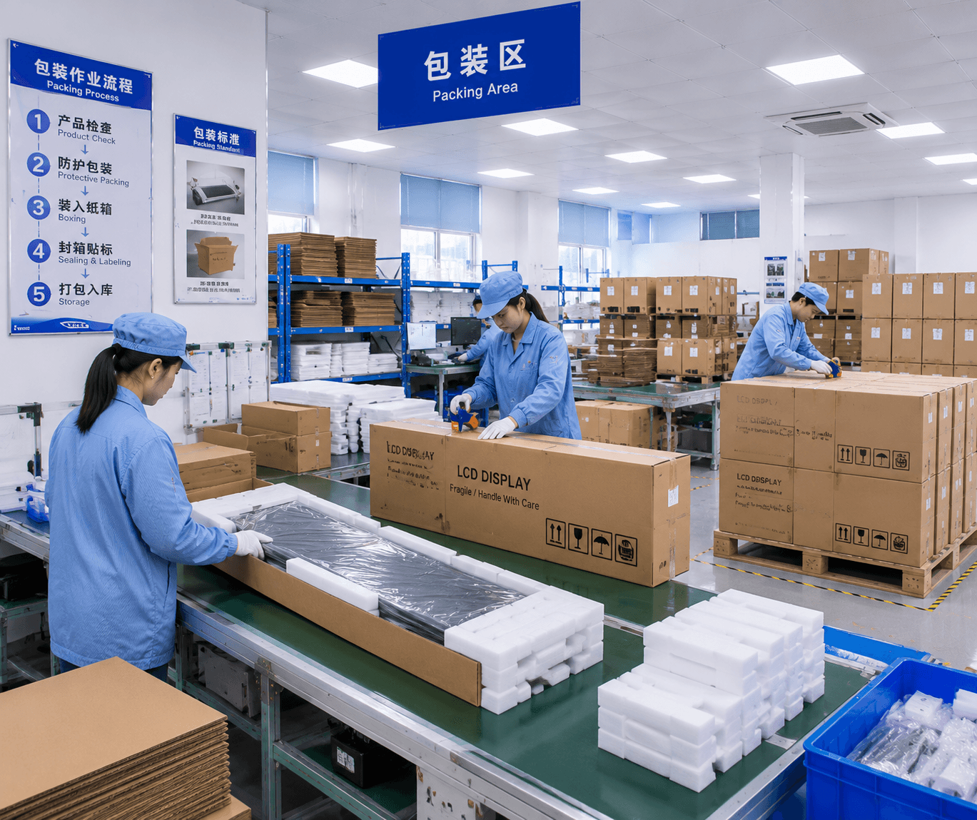 LCD display packing and shipment preparation area at Zhengfang Display
